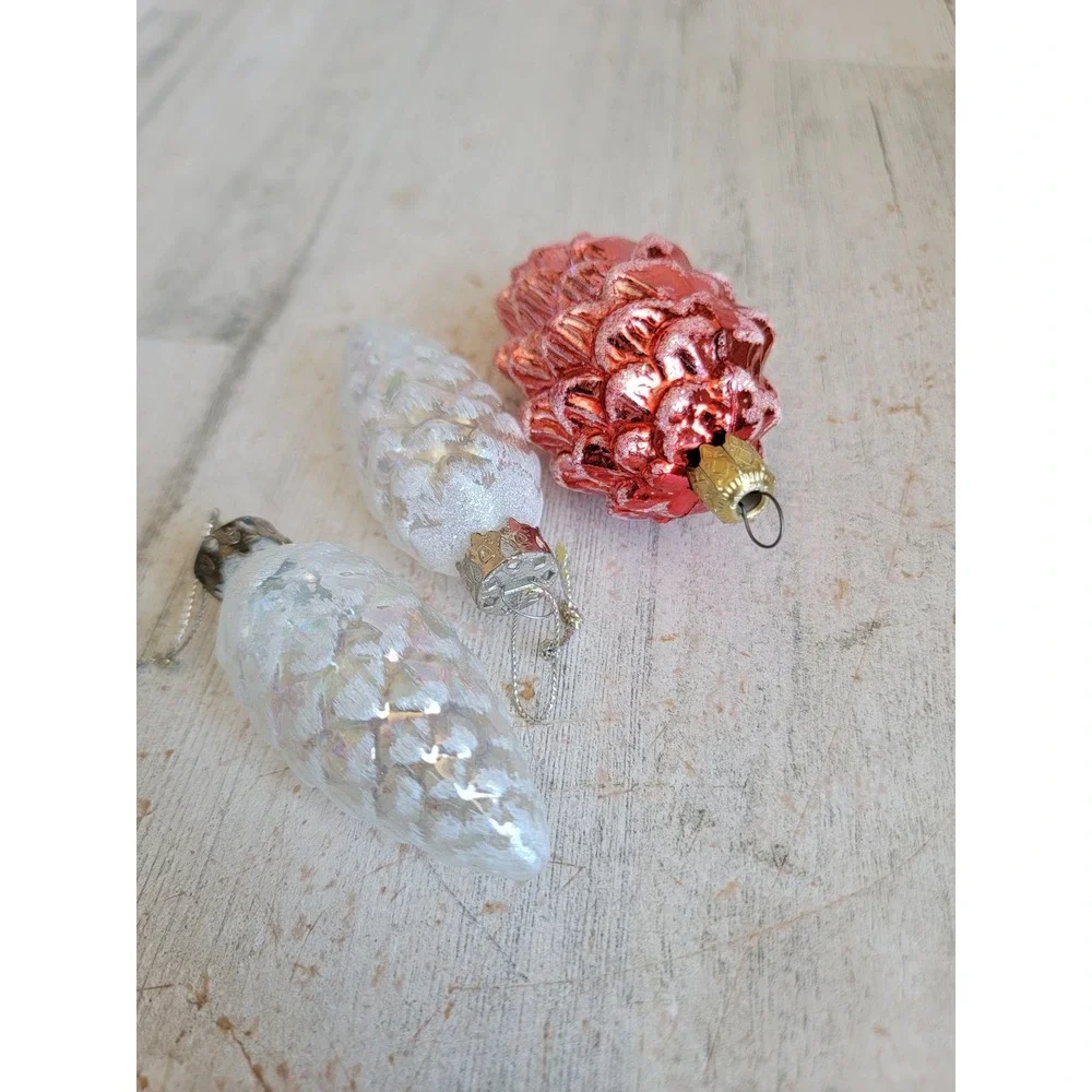 Vintage glass white clear red pinecone glitter ornament Xmas set mini home fall
